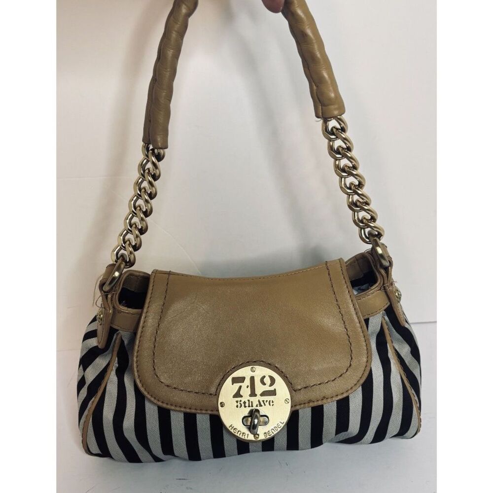Henri Bendel 712 Fifth Ave Striped Shoulder Bag Tan Leather Flap Chain Strap